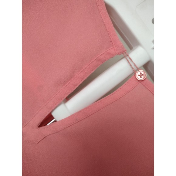 Women's Pink Blouse Ruffle Formal Crepe Short Sleeve Crewneck Button Back Size S - Picture 11 of 12